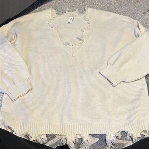 Love Cream Distressed Crew Neck Sweater